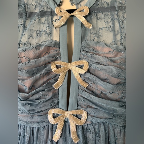 Worn once! SALONI Camille bow-embellished blue embroidered tulle midi dress. - Picture 3 of 7